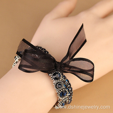 Multi Layers Shiny Rhinestone Band With Ribbon Knot Bracelet